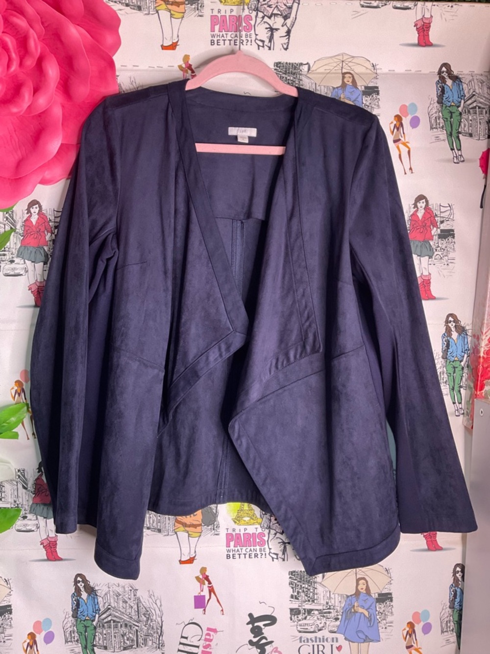 J. Jill Navy Open-Front Waterfall Faux Suede Jacket